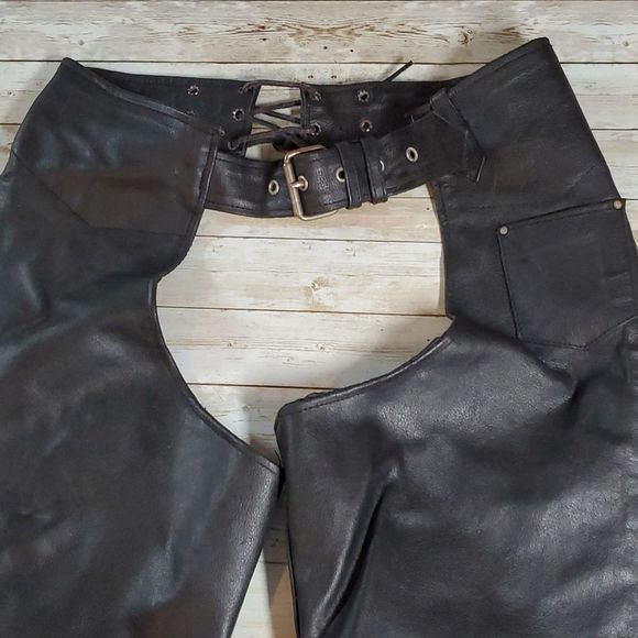 Event Leather Motorcycle Chaps Women's Black‎ Zipper Snaps Lace-Up Back Buckle S - Picture 2 of 16